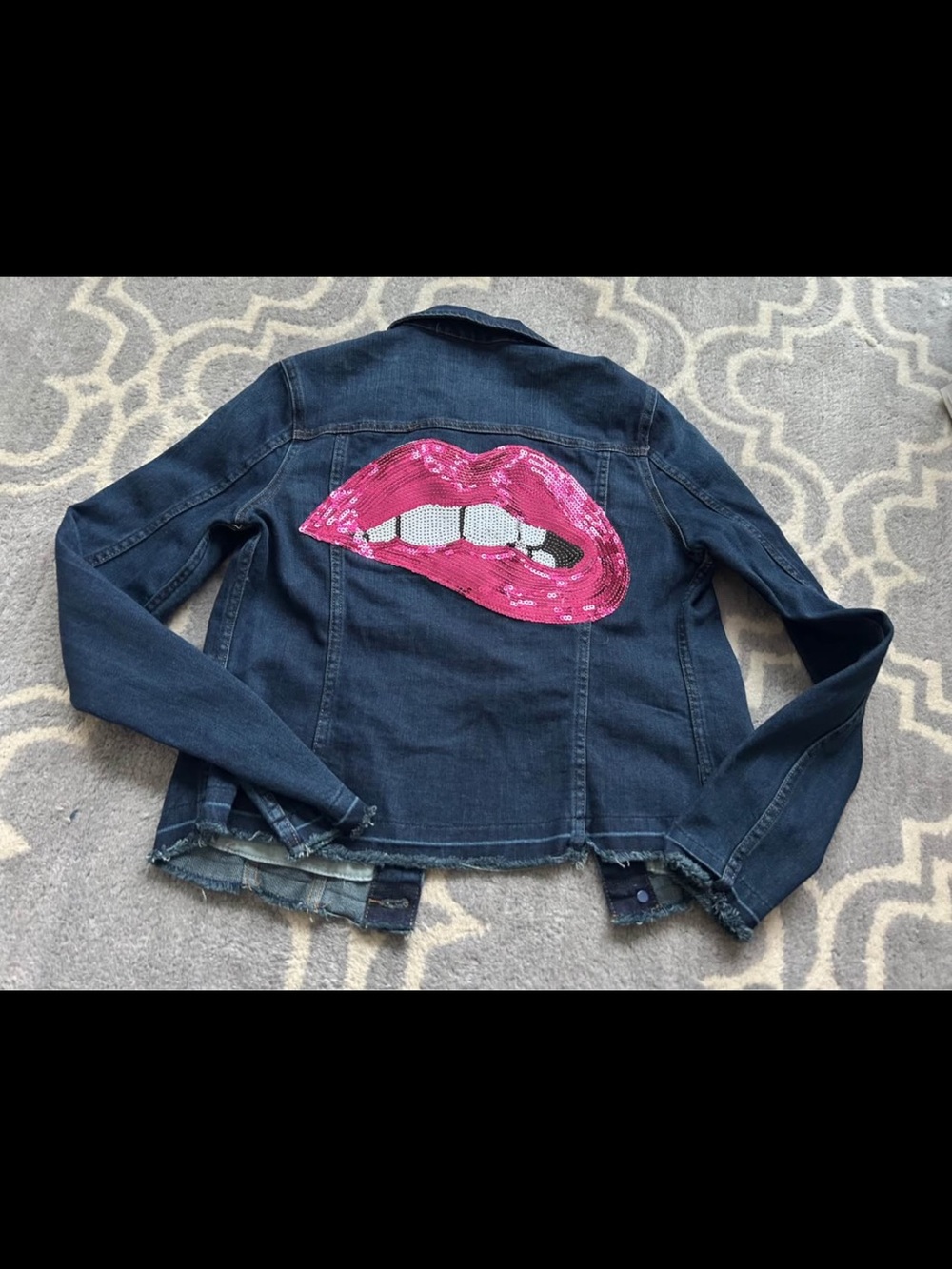 TractrBLU Dark Blue Denim Jacket with Pink Sequin Lip Patch Size S